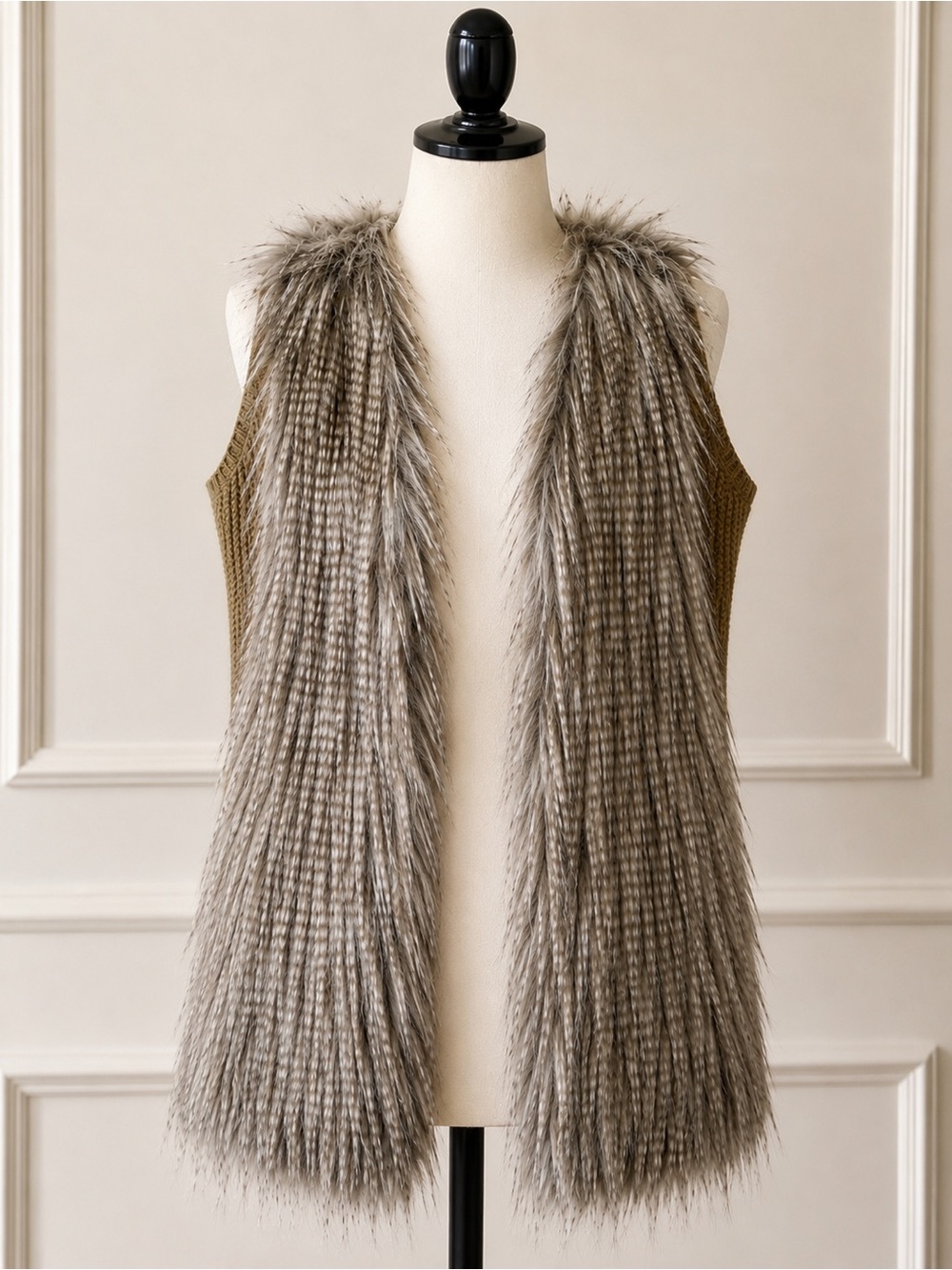 Faux Fur Long Sweater Vest Open Front Gray Brown Boho Size L